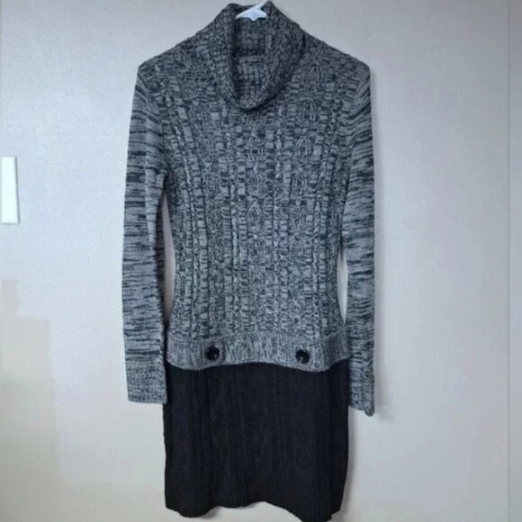 IZ Byer Knitted Turtleneck Drop-Waist Sweater Dress Gray Black - Picture 1 of 10